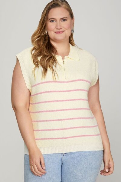 She + Sky Full Size Ribbed Hem Striped Half Zip Sweater Vest Plus Size | Hanalas