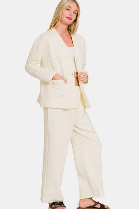 Zenana Quilted Button Up Long Sleeve Top and Pants Lounge Set | Hanalas