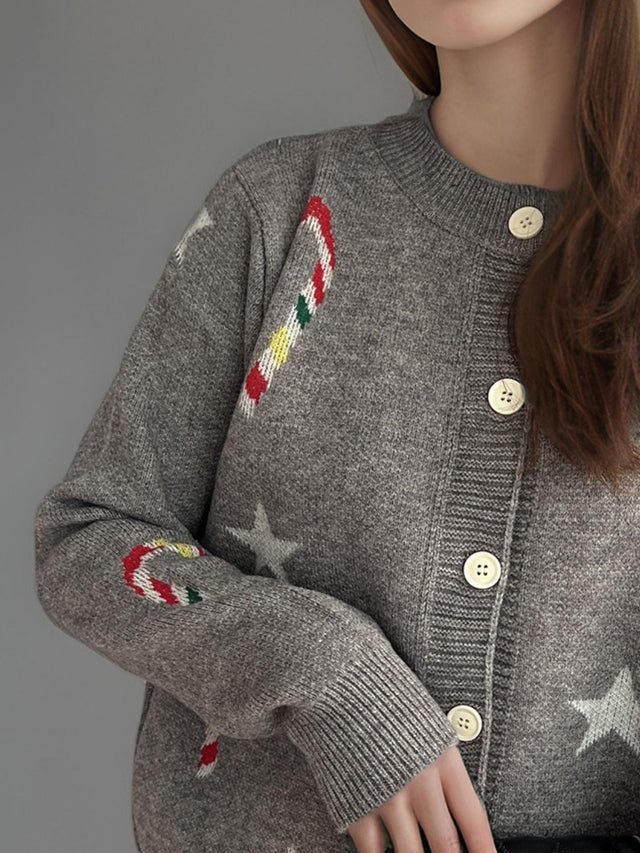 Candy Cane & Star Button Down Long Sleeve Cardigan Trendsi Hanalas