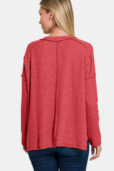 Zenana Full Size Exposed Seam Brushed Round Neck Sweater | Hanalas