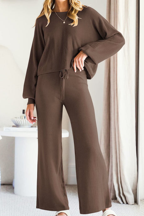 Round Neck Long Sleeve Top and Pants Set | Hanalas