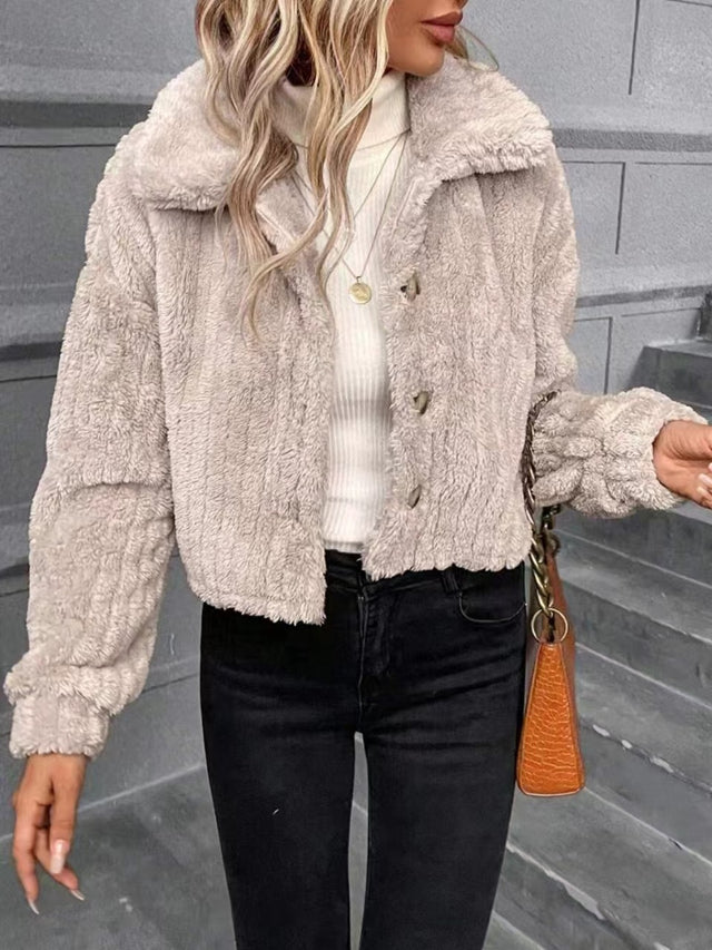 Button Up Long Sleeve Fuzzy Outerwear Trendsi Hanalas