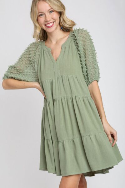 Umgee Full Size Linen Tiered A-Line Split Neck Dress Plus Size | Hanalas