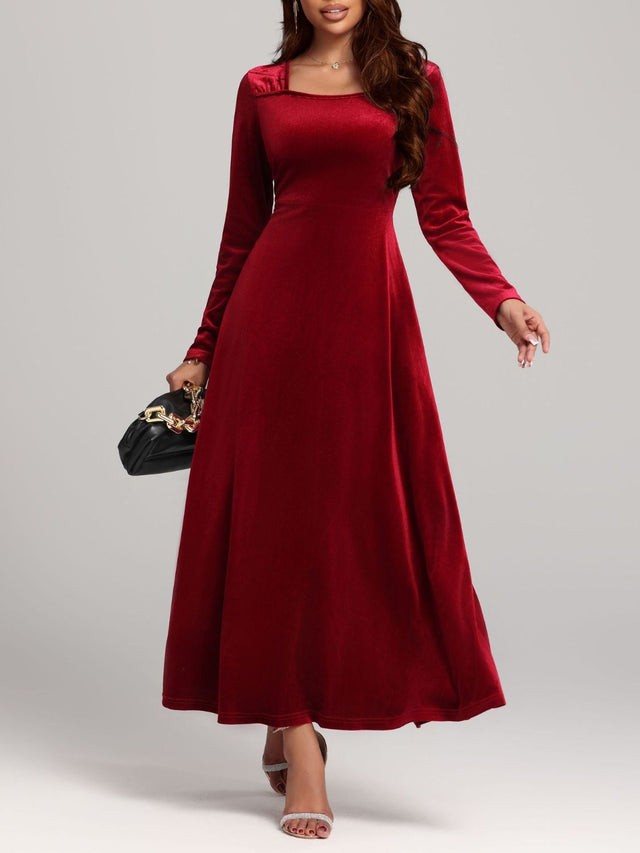 Square Neck Long Sleeve Velvet Dress | Hanalas