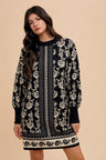 Annie Wear Floral Jacquard Round Neck Sweater Dress | Hanalas