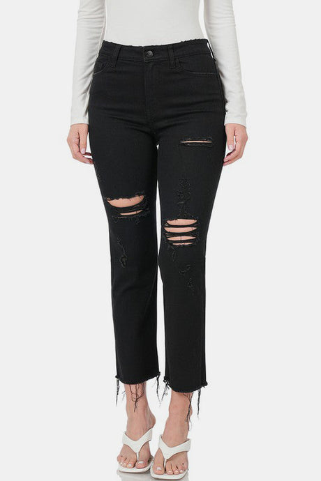 Zenana Distressed Raw Hem Cropped Jeans | Hanalas