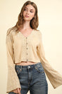 VERY J V-Neck Lace Detail Button Down Crop Ribbed Knit Top | Hanalas