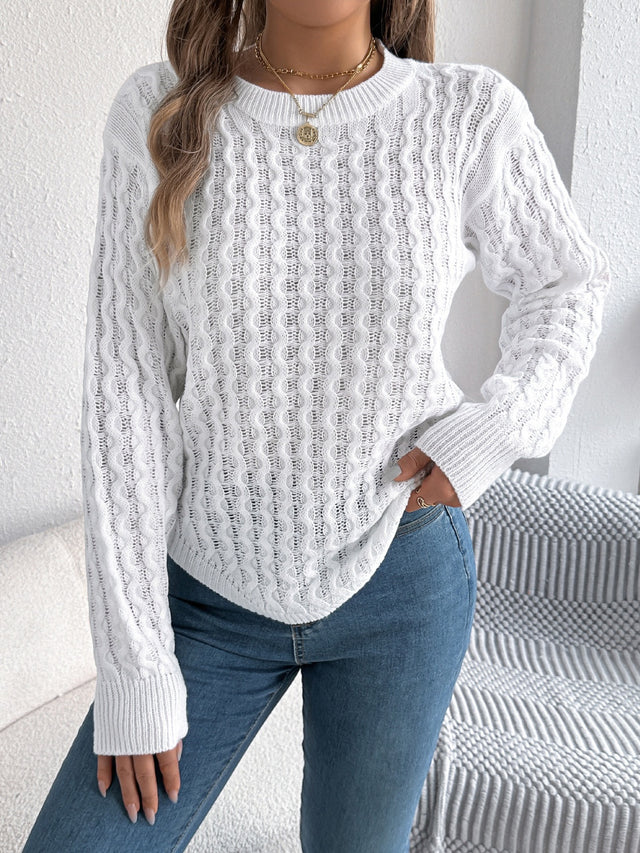 Asymmetric Hem Round Neck Long Sleeve Sweater Trendsi Hanalas