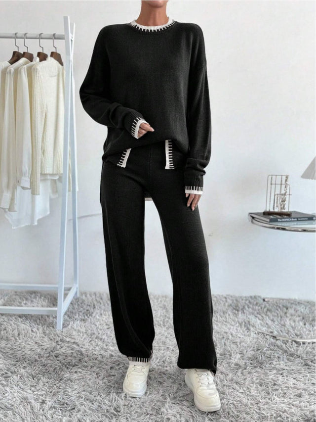 Side Slit Contrast Trim Round Neck Top and Pants Sweater Set | Hanalas