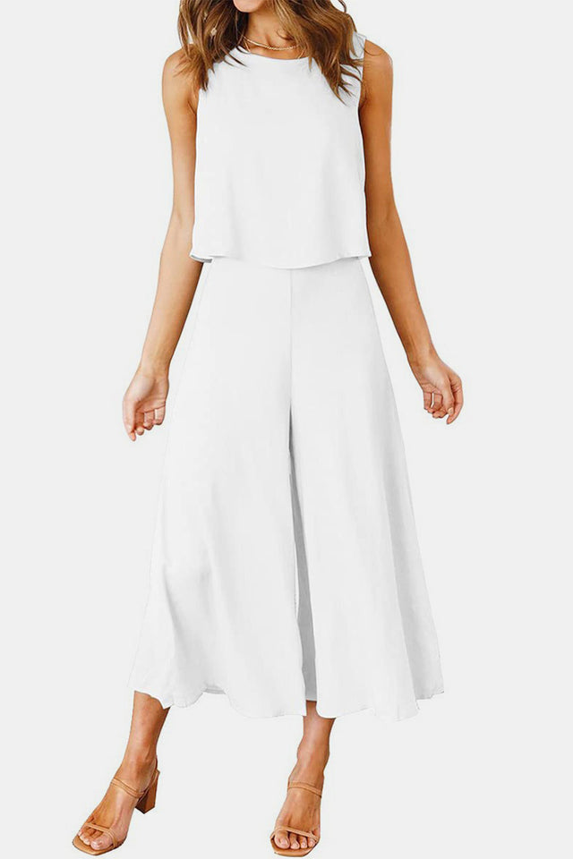 Round Neck Top and Wide Leg Pants Set | Hanalas