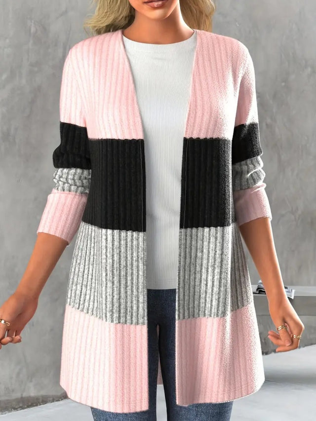 Color Block Open Front Long Sleeve Cardigan Trendsi Hanalas