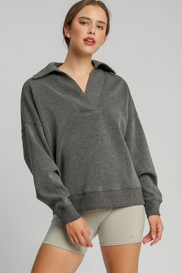 Umgee Johnny Collar Dropped Shoulder Sweatshirt | Hanalas