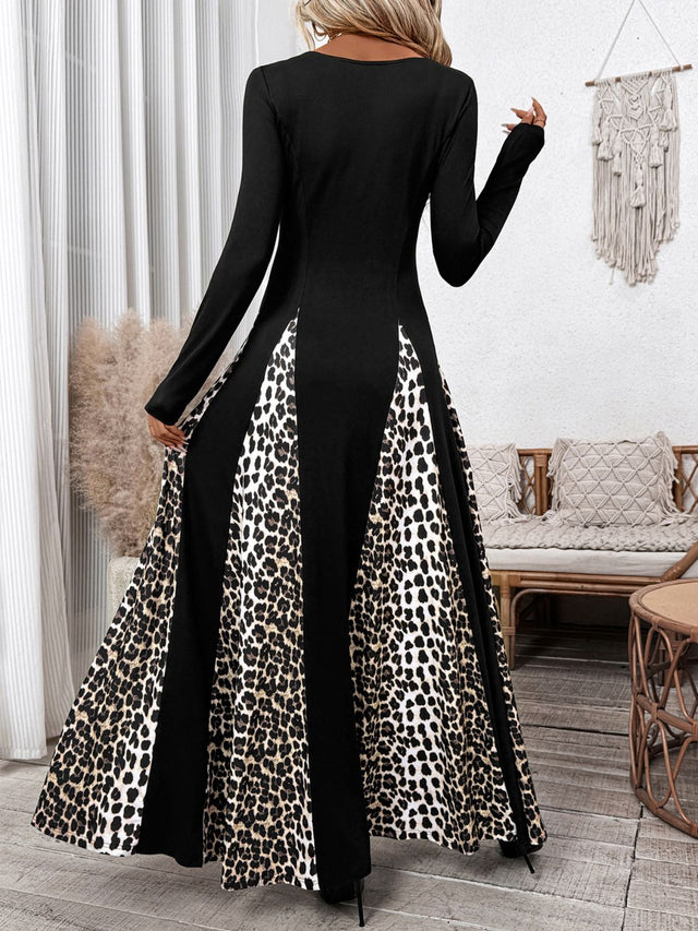 Perfee Leopard Square Neck Long Sleeve Maxi Dress | Hanalas