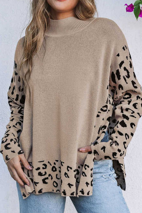 Slit Leopard Mock Neck Dropped Shoulder Sweater | Hanalas