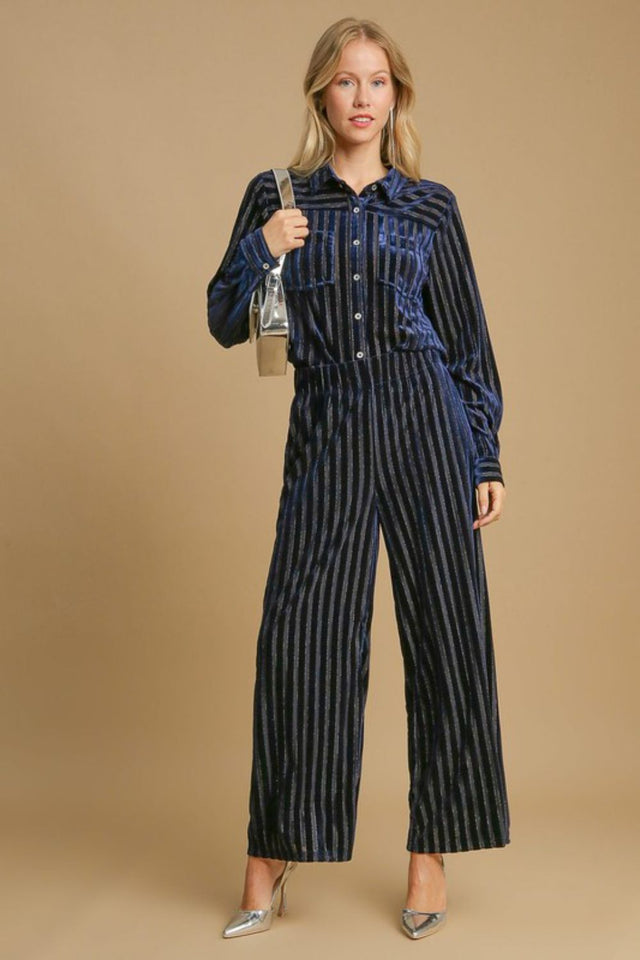 Umgee Full Size Elastic Waist Striped Wide Leg Velvet Pants | Hanalas