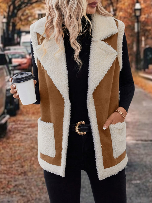 Full Size Contrast Open Front Sherpa Vest Coat | Hanalas