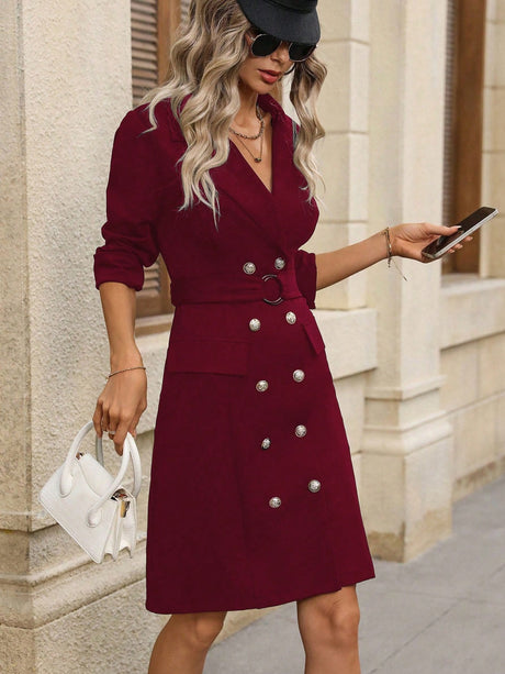 Double-Breasted Lapel Collar Long Sleeve Dress | Hanalas
