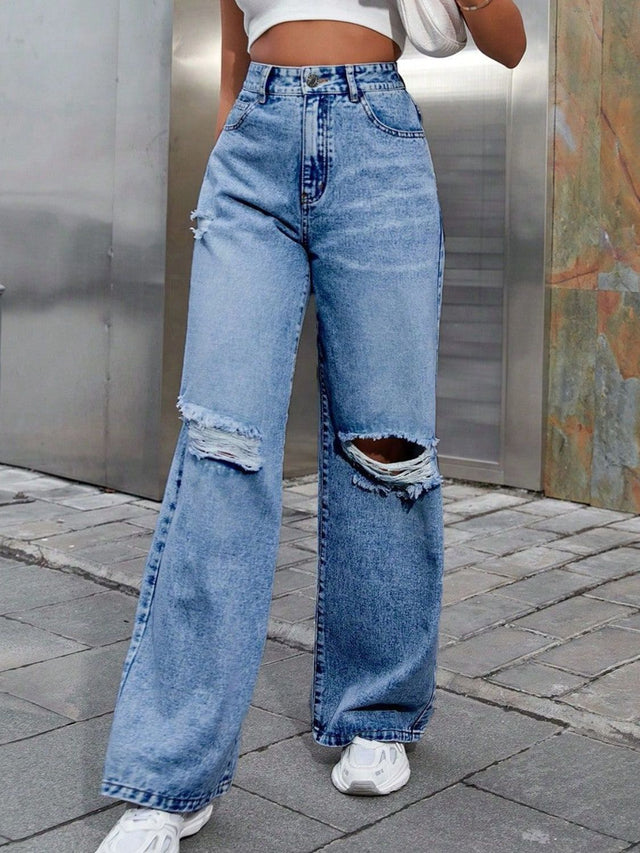 Distressed Wide Leg Jeans with Pockets Trendsi Hanalas