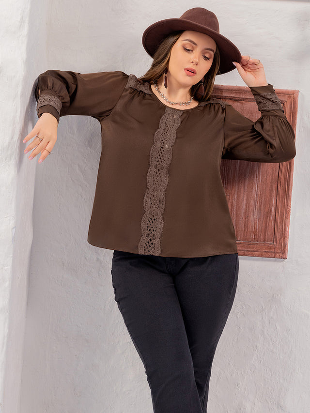 Plus Size Lace Detail Round Neck Long Sleeve Blouse Trendsi Hanalas