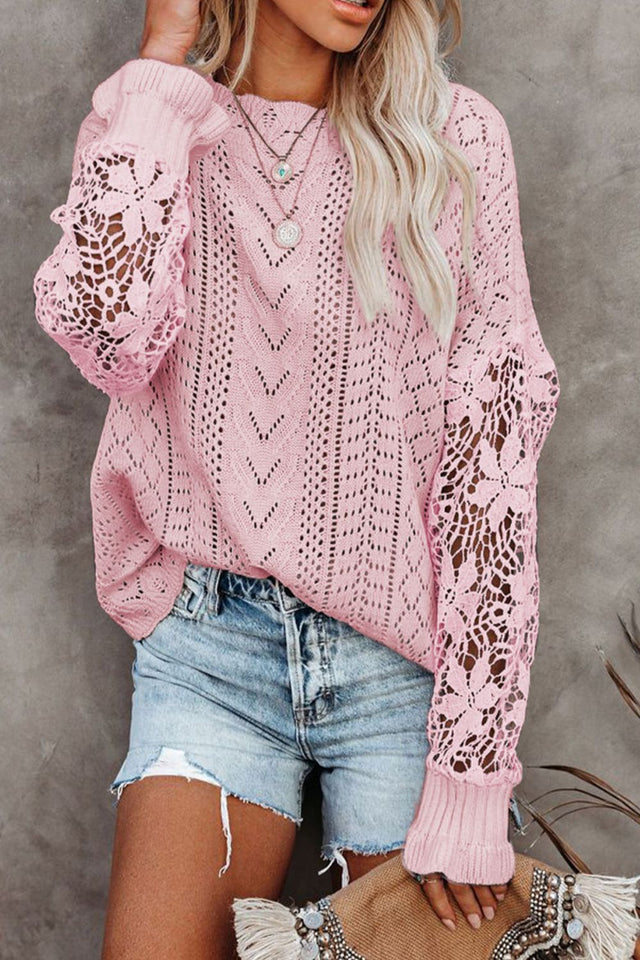 Openwork Round Neck Long Sleeve Sweater | Hanalas