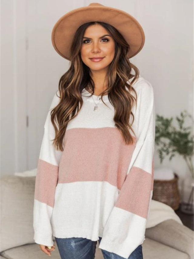 Color Block Round Neck Long Sleeve Sweater | Hanalas