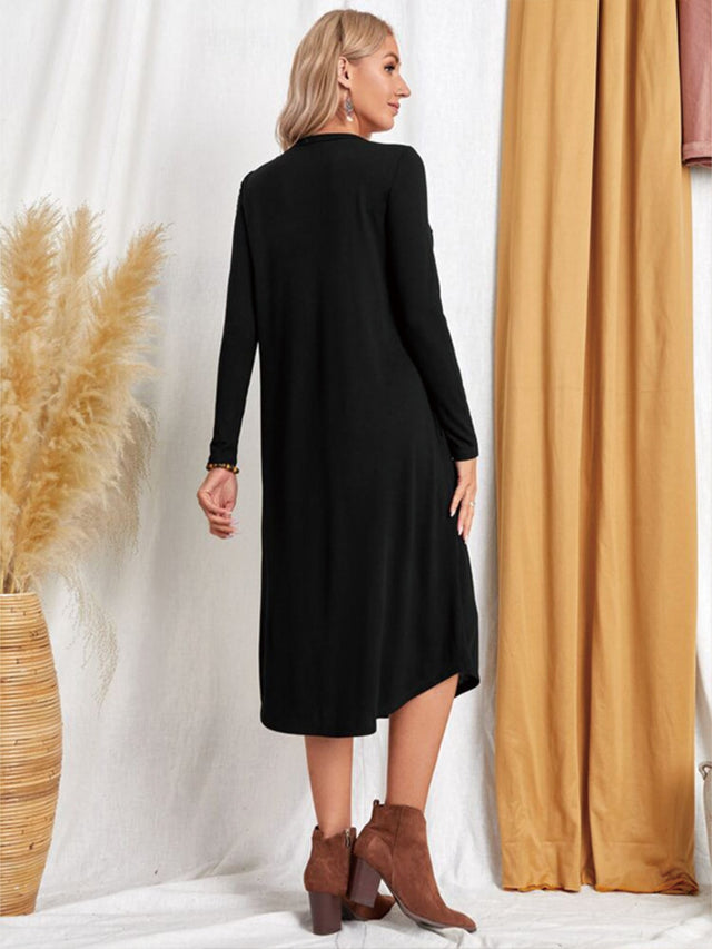 Pocketed Round Neck Long Sleeve Tee Dress - Hanalas