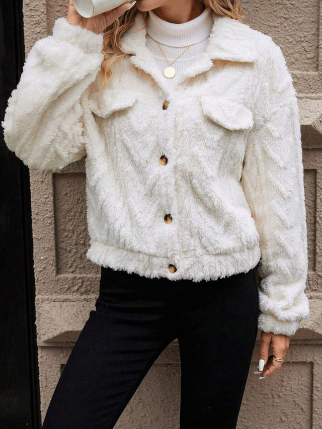 Button Up Long Sleeve Fuzzy Outerwear Trendsi Hanalas