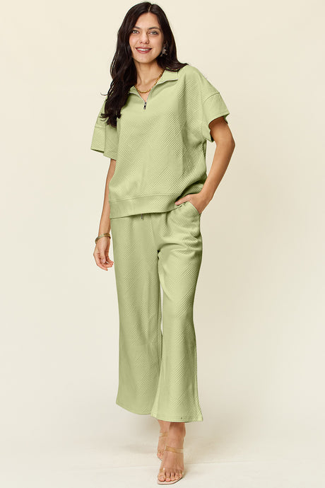 Double Take Full Size Texture Half Zip Short Sleeve Top and Pants Set | Hanalas