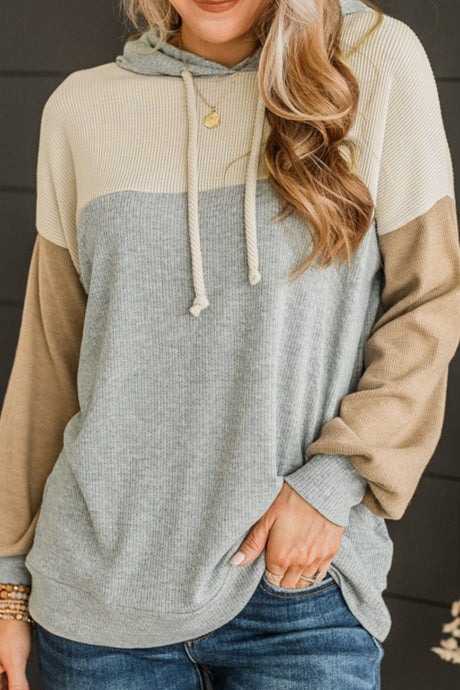 Drawstring Color Block Long Sleeve Hoodie | Hanalas