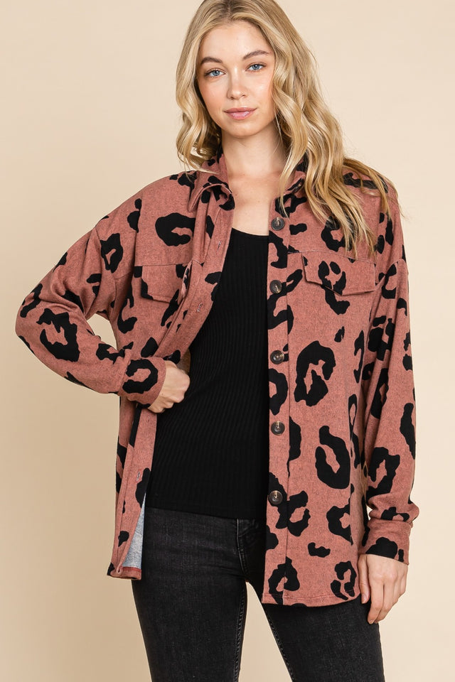 BOMBOM Animal Print Button Up Knit Shacket Trendsi Hanalas