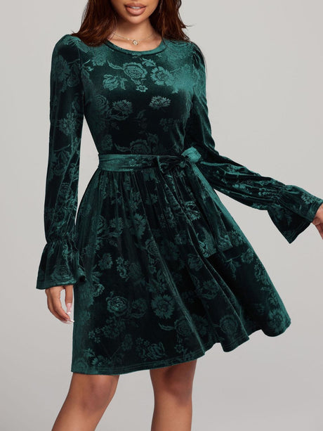 Tied Flower Print Round Neck Flounce Sleeve Dress | Hanalas