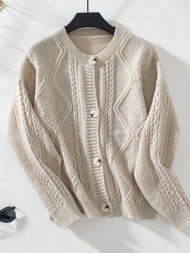 Cable-Knit Round Neck Button Up Cardigan Trendsi Hanalas