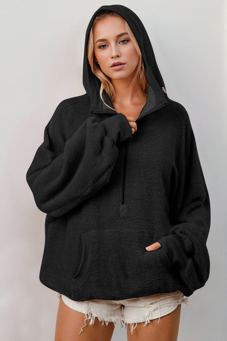 Double Take Full Size Half Zip Long Sleeve Hoodie with Kangaroo Pocket | Hanalas