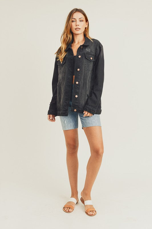 RISEN Full Size Distressed Long Sleeve Denim Jacket | Hanalas