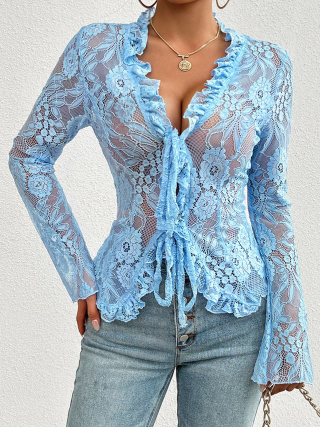 Tied V-Neck Long Sleeve Lace Top | Hanalas