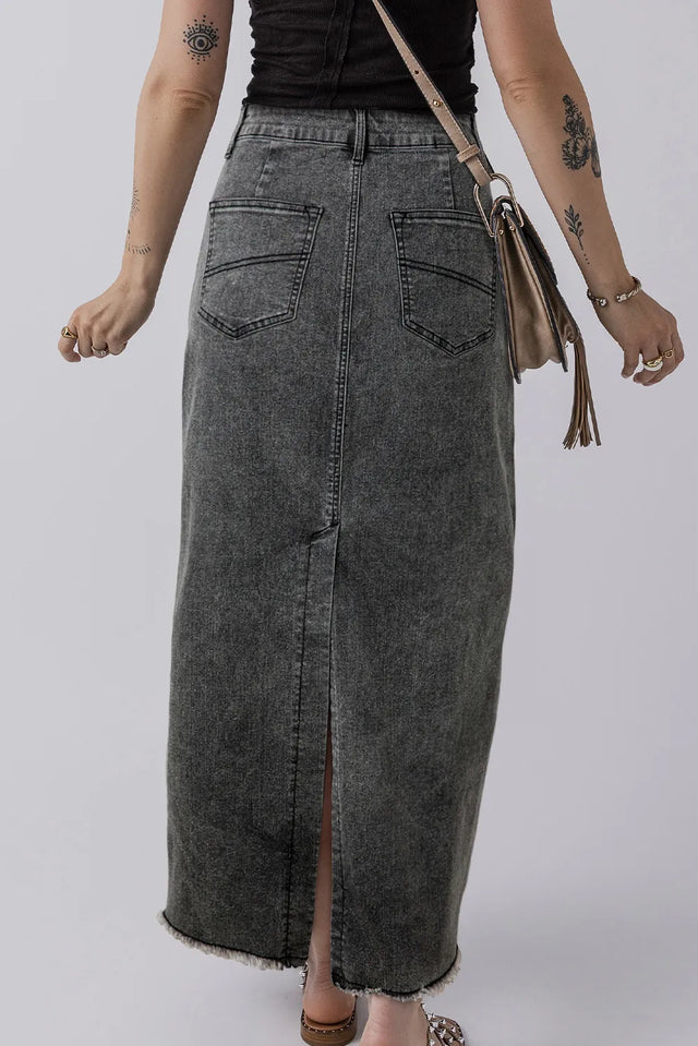 Raw Hem Midi Denim Skirt with Pockets Trendsi Hanalas