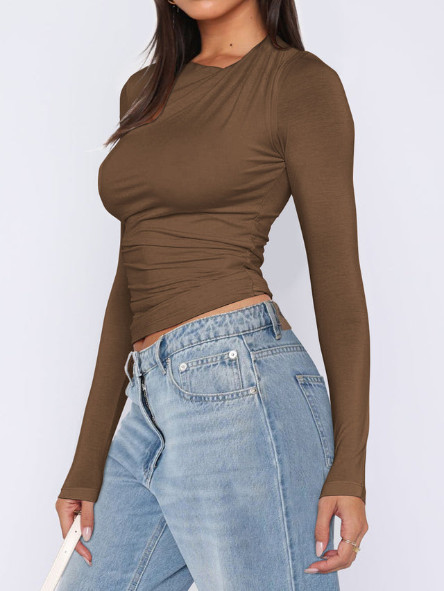 Ruched Asymmetrical Neck Long Sleeve T-Shirt | Hanalas