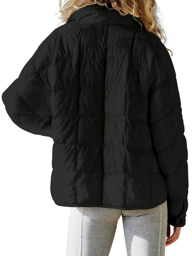 Pocketed Plaid Quilted Zip Up Winter Coat | Hanalas