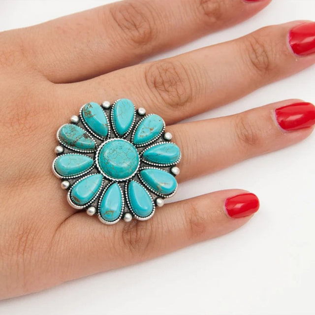 Artificial Turquoise Alloy Flower Ring | Hanalas