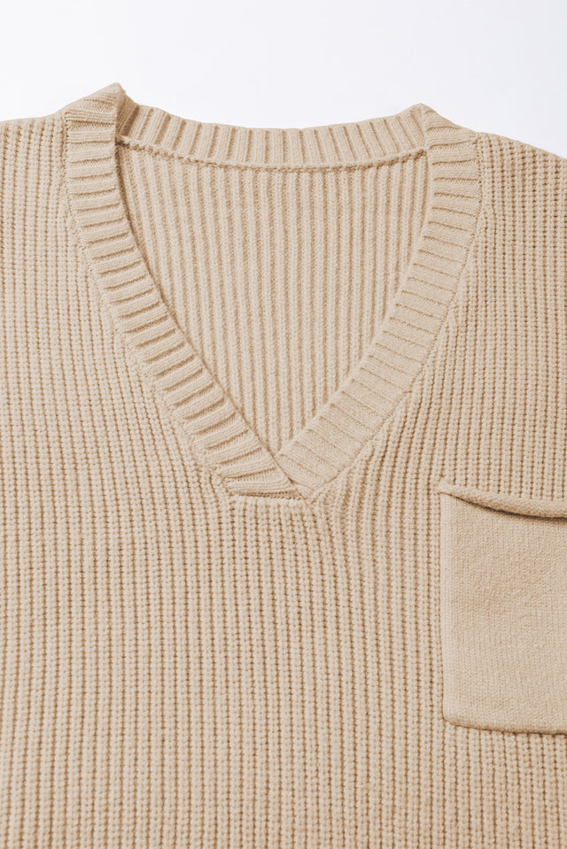 Pocketed V-Neck Cap Sleeve Sweater | Hanalas