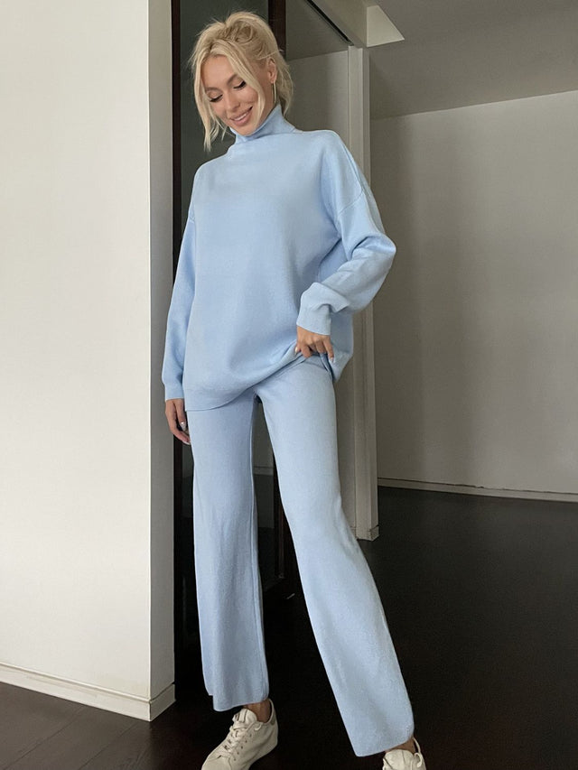 Turtleneck Long Sleeve Top and Drawstring Pants Sweater Set | Hanalas