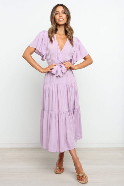 Tied Back Tiered Short Sleeve Midi Dress | Hanalas