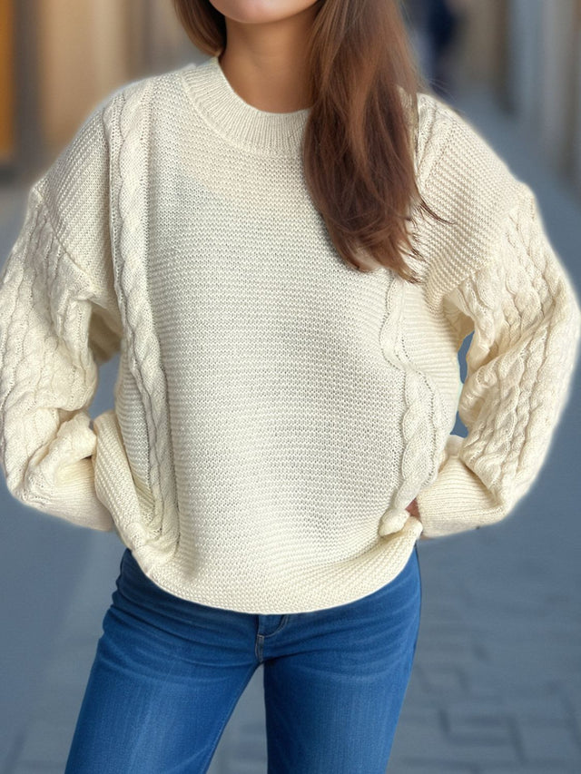 Cable-Knit Round Neck Long Sleeve Sweater Trendsi Hanalas