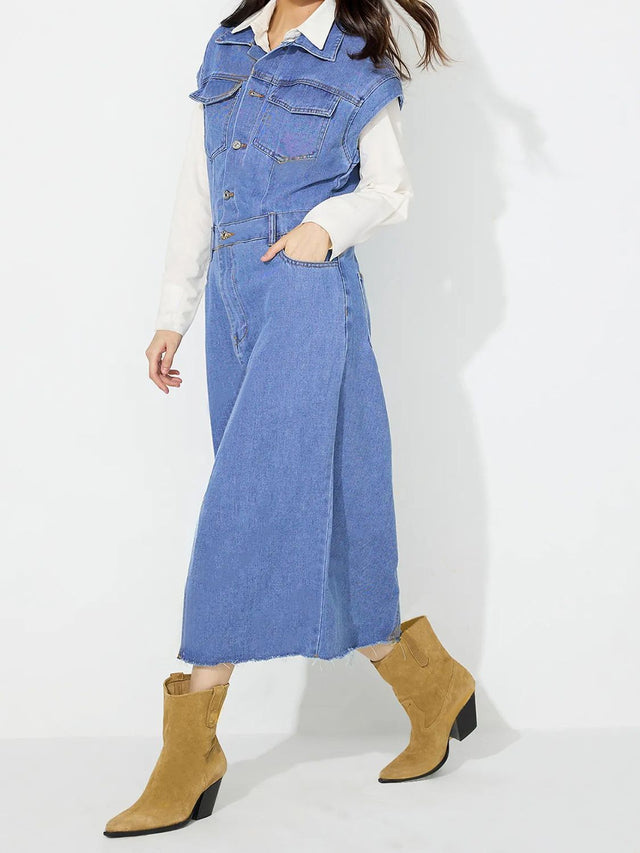 Slit Half Button Collared Neck Cap Sleeve Denim Dress Trendsi Hanalas