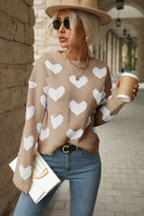 Perfee Heart Pattern Dropped Shoulder Sweater