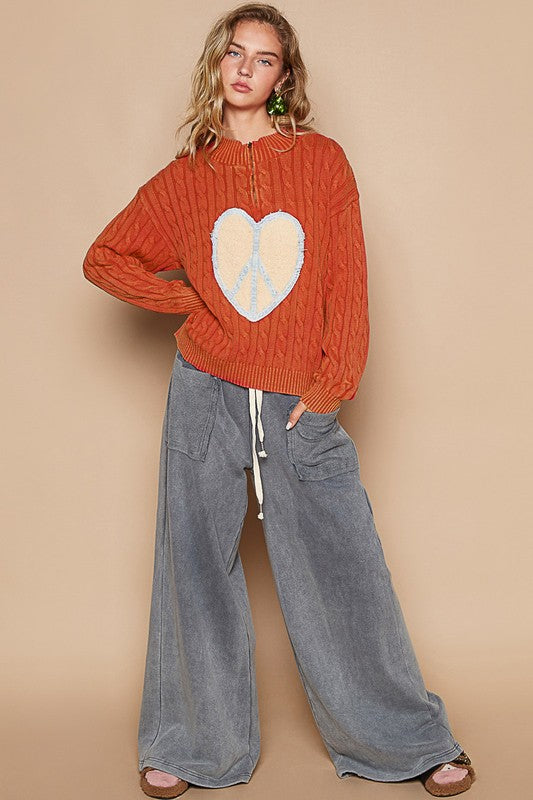 POL Cable-Knit Peace Patch Dropped Shoulder Sweater | Hanalas