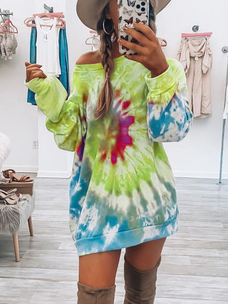 Full Size Tie-Dye Round Neck Long Sleeve Dress | Hanalas