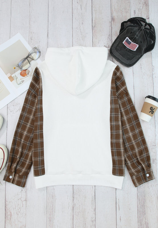 Waffle Knit Plaid Long Sleeve Kangaroo Pocket Hoodie | Hanalas