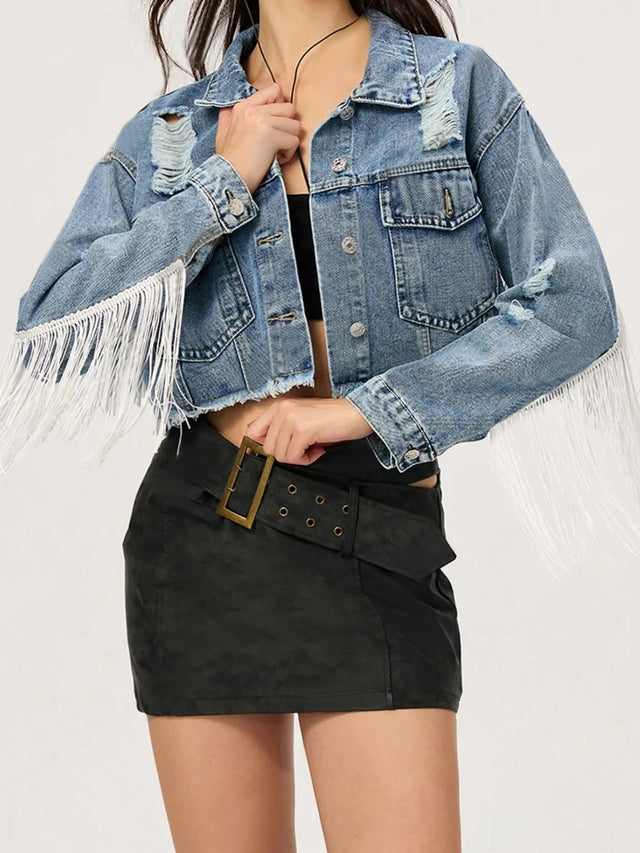 Distressed Fringe Collared Neck Cropped Denim Top | Hanalas