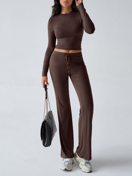 Devine Round Neck Long Sleeve Top and Drawstring Pants Set